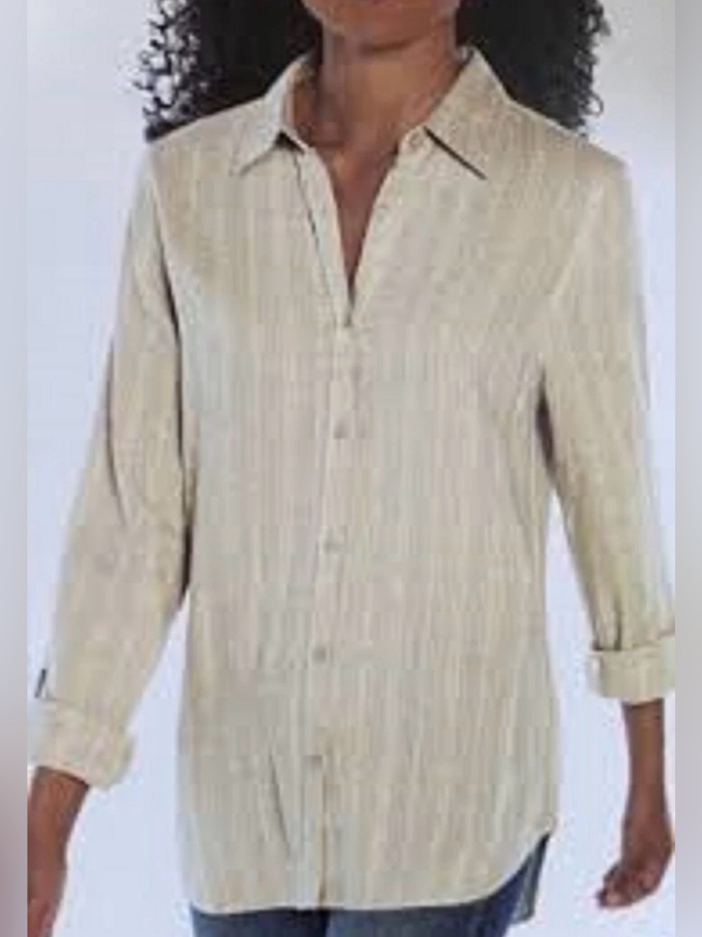 Orvis NWT Long Sleeve Linen Blend Taupe Stripe Top